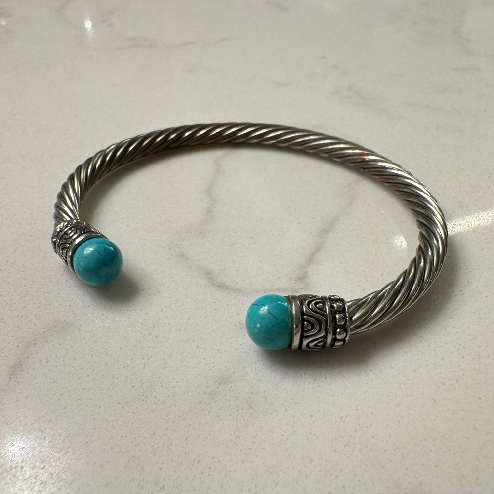 Silver Cable Bracelet with Faux Turquoise - Adjustable Silver Tone Cable Cuff